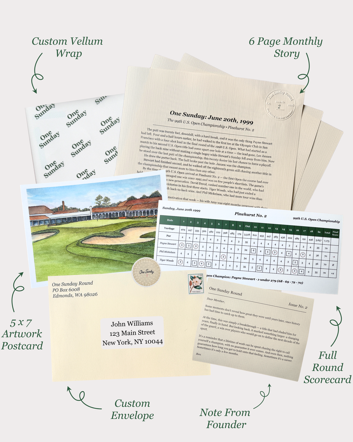 one sunday round contents (letter, postcard, scorecard, vellum paper wrap, note from founder and envelope) with text labels and arrows on a cream background