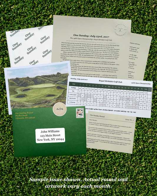 A sample issue of a golf club newsletter or invitation set laid out on artificial grass. The set includes printed cards, a golf course photo card, a green envelope, a round-robin sheet, and a calendar page.