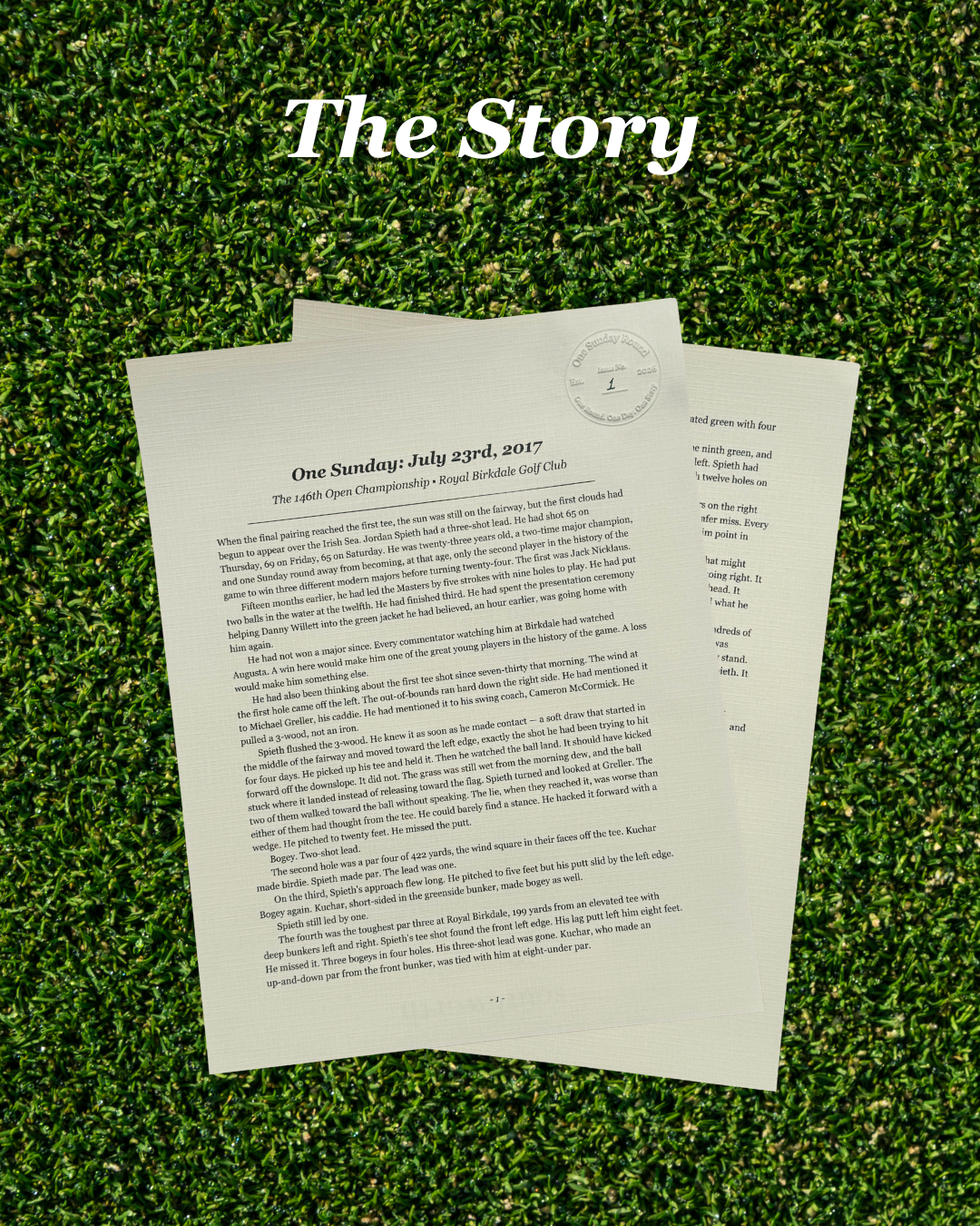 Three printed pages of text laid on artificial green grass, with the title 'The Story' in white script at the top. The pages appear to be a printed booklet or article about a golf match, with a circular stamp/seal near the top right page.