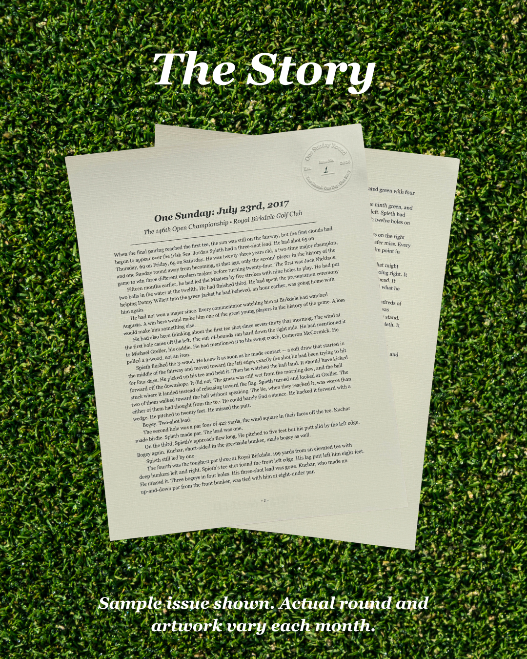 Two printed issue pages from 'The Story' magazine are displayed on a green grass background, with the title 'The Story' at the top and a note at the bottom stating 'Sample issue shown. Actual round and artwork vary each month.