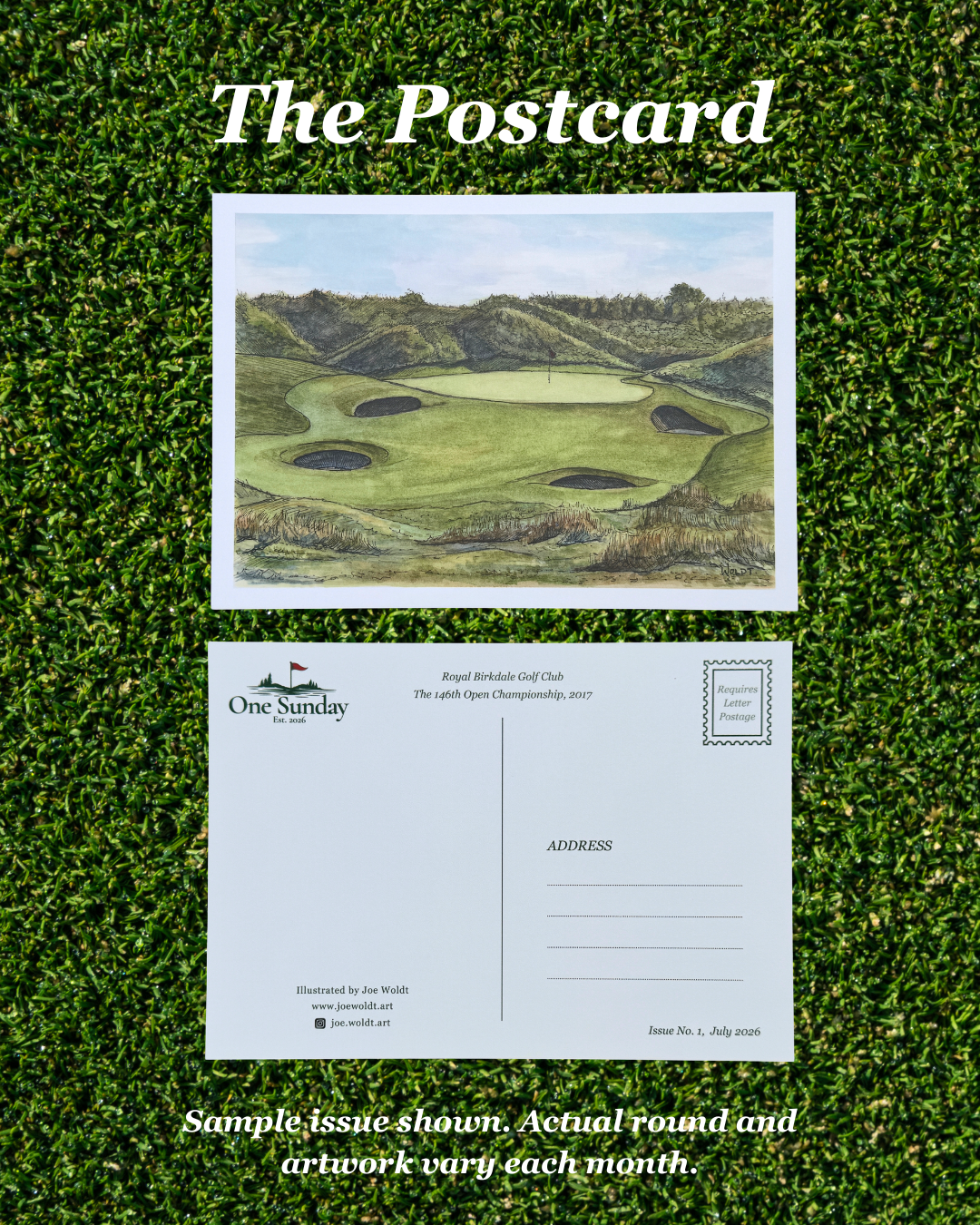 A postcard set titled "The Postcard" displayed on a green grass-like surface. The top half shows a vintage-style golf course postcard with an illustrated green landscape, and the bottom half shows the reverse side with printed golf club club branding and address lines.