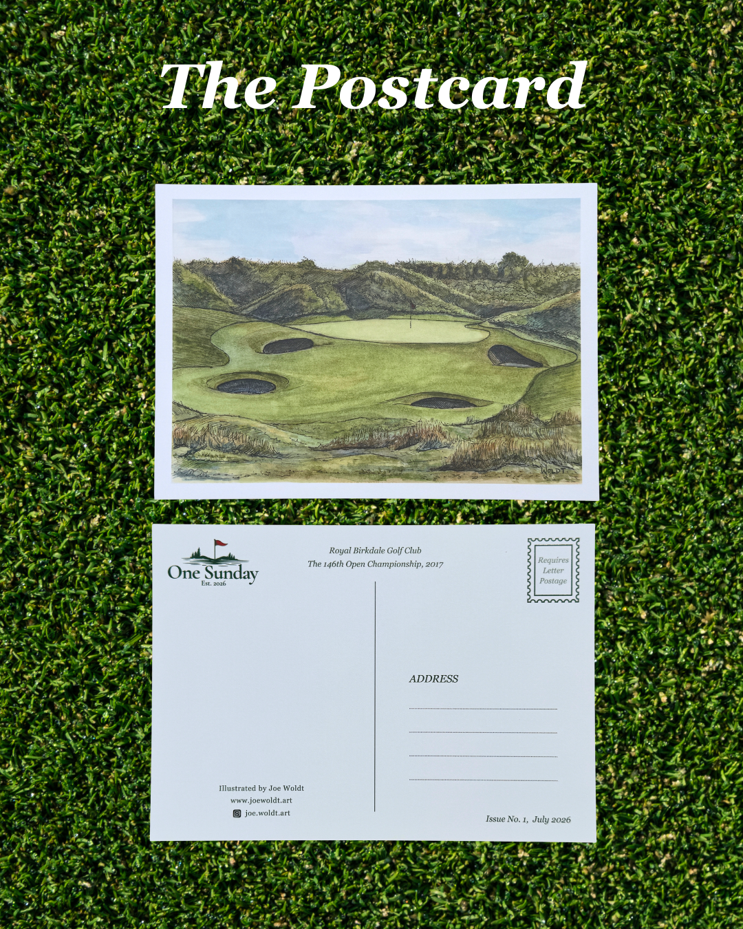 A postcard set displayed on green grass, featuring the front with an illustration of a golf course and the back with printed club and address details. The title 'The Postcard' appears at the top.