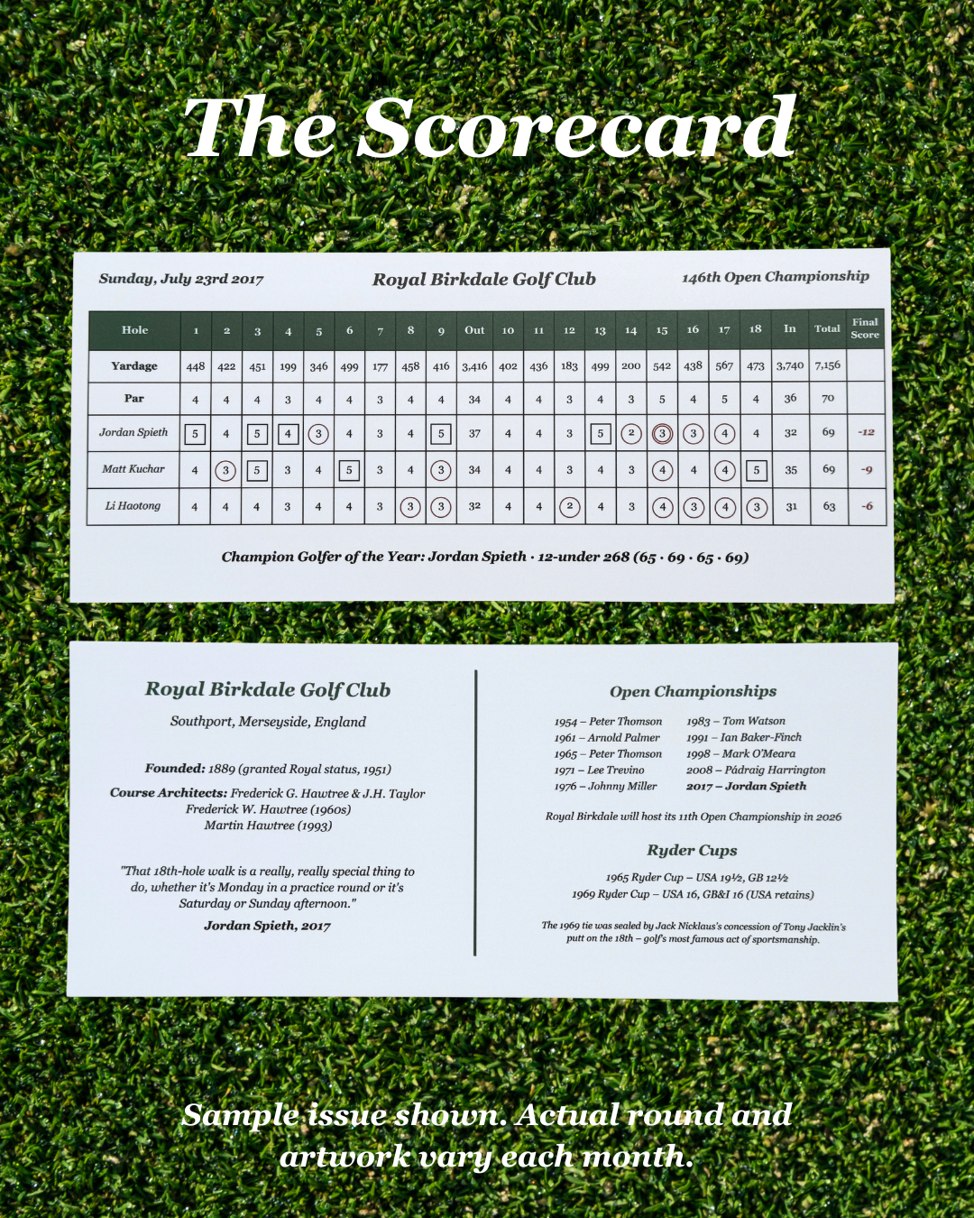 A golf scorecard print shown on a green grass background. The top reads 'The Scorecard' in large white text, with a sample round scorecard for Royal Birkdale Golf Club from July 2017.