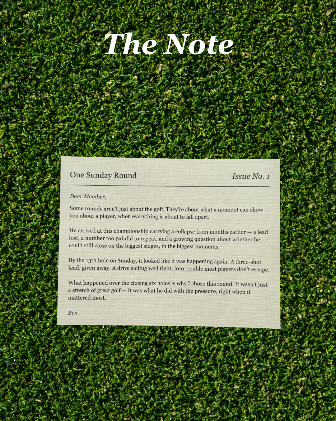 A printed letter titled 'The Note' laid flat on artificial grass. The note has a white background with black text and is labeled 'One Sunday Round Issue No.