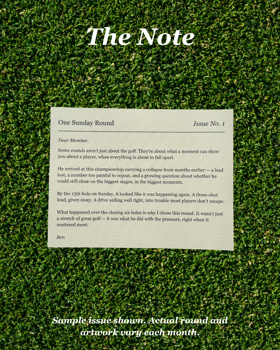 A sample issue of a golf magazine or newsletter titled 'The Note' shown as a white rectangular page with printed text, placed on a textured green grass background. The page includes sample lettering and the text 'Sample issue shown.