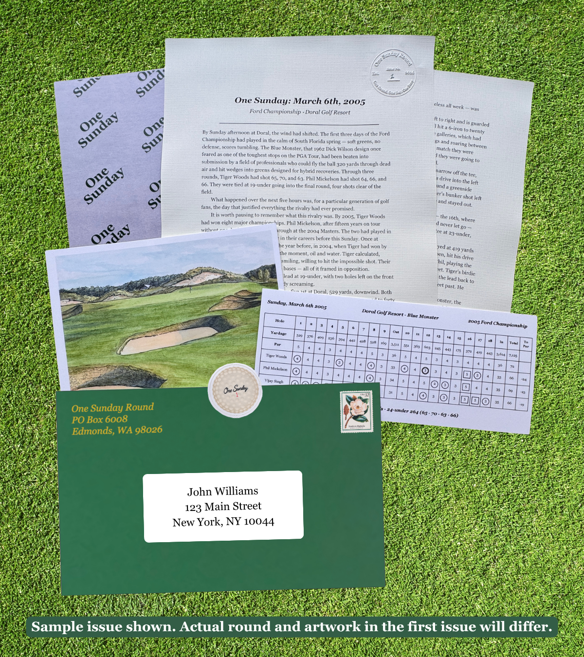 One Sunday Round golf letter, postcard, scorecard, vellum wrapping, envelope and sticker with a golf putting green background